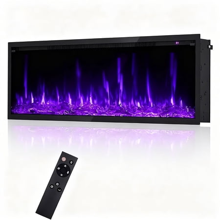 Festisoul 60 Electric Fireplace 750/1500W Fireplace Heater with Remote Control Recessed and Wall Mounted Adjustable Flame Color & Brightness Timer Black