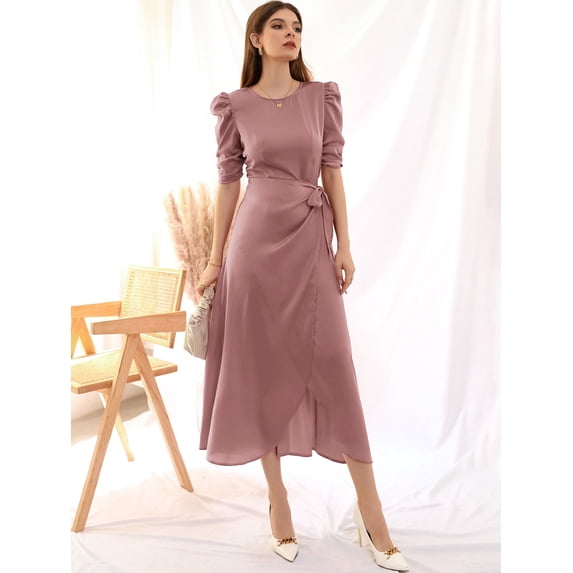 Women's Tie Side Puff Sleeve Wrap A line Dress 322022SA9105
