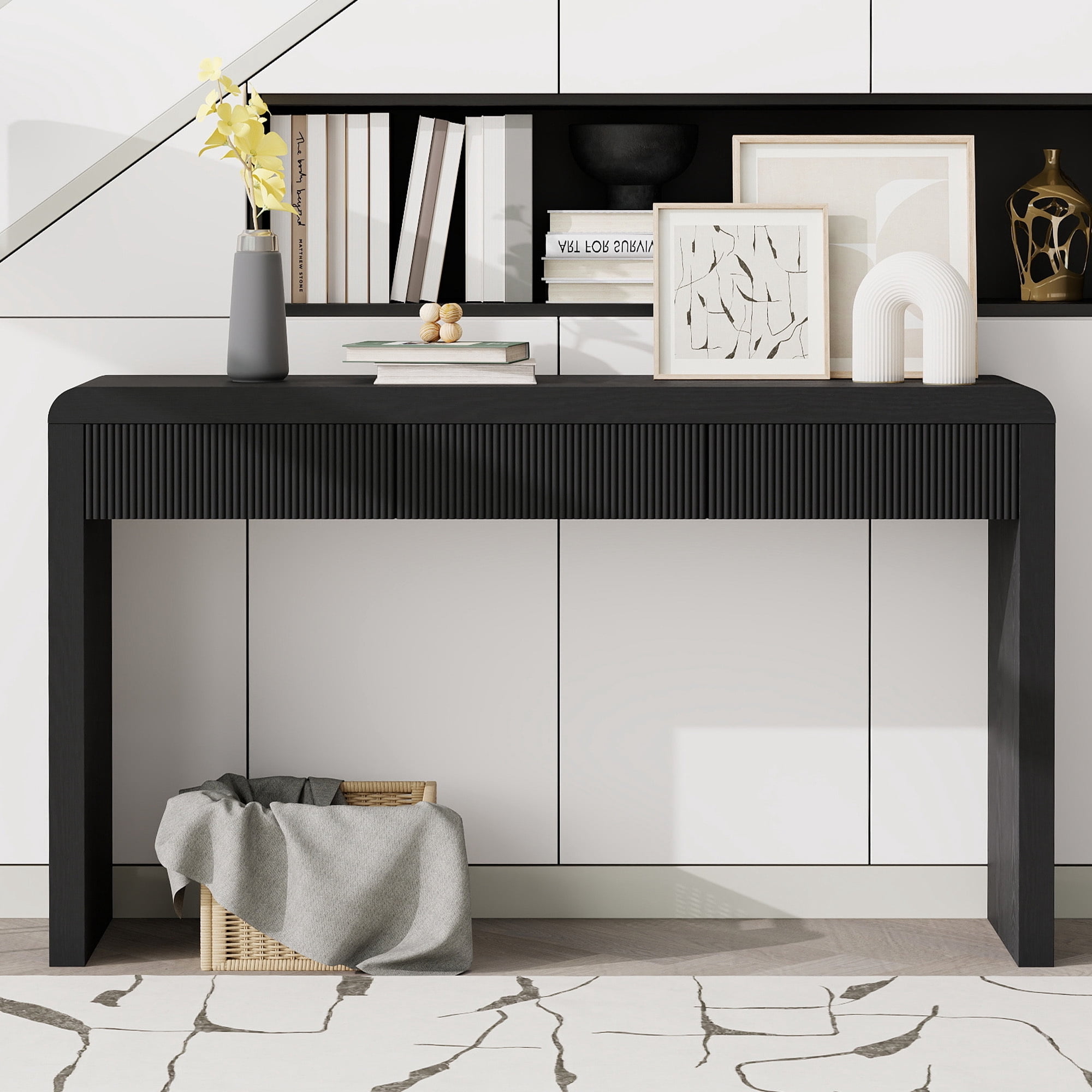 Euroco 52.9" Fluted Console Table with 3 Drawers,Solid Wood Narrow Long Entryway Table for Living Room Foyer Hallway,Black