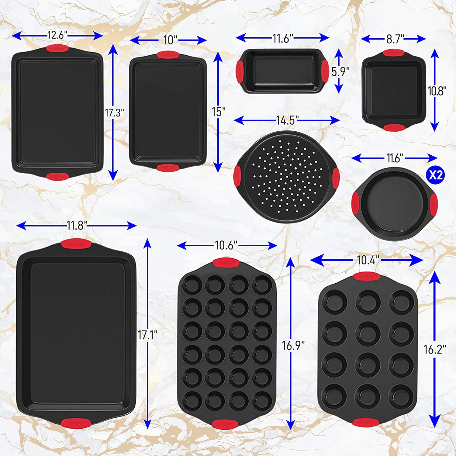 Nutrichef 10-Piece Carbon Steel Nonstick Bakeware Baking Tray Set w\/Heat Red Silicone Handles 