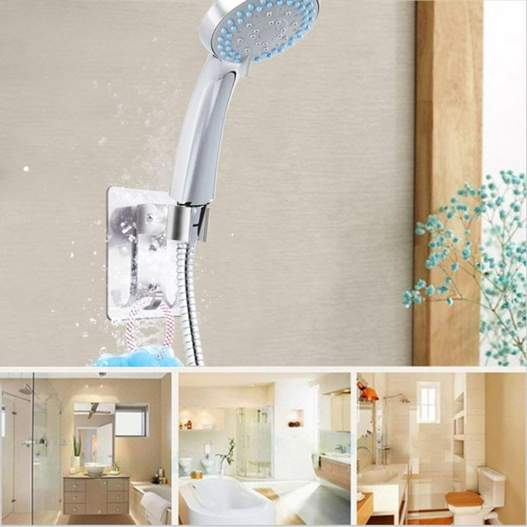 Shower Head Holder Strong Adhesive Shower Head Wall Mounting Bracket  Adjustable Shower Wand Holder with 2 Hanger Hooks No Drill Need (2)