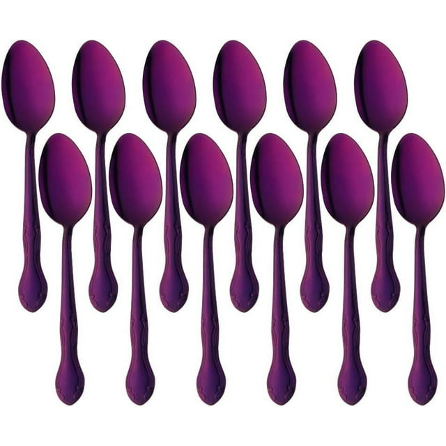 12-Piece Stainless Steel Dinner Spoons with Flower Edge, Stainless Steel Dinner Spoons Set, Spoon Dessert Spoons for Home, Kitchen or Restaurant - 7.3 Inches-Purple