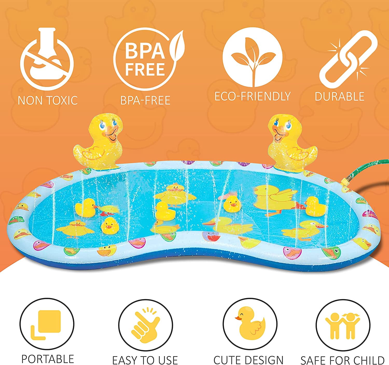 KOVOT 54" Inflatable Duck Splash Pool Mat Sprinkler Outdoor Playable with Rubber Duckies, 4 Pieces