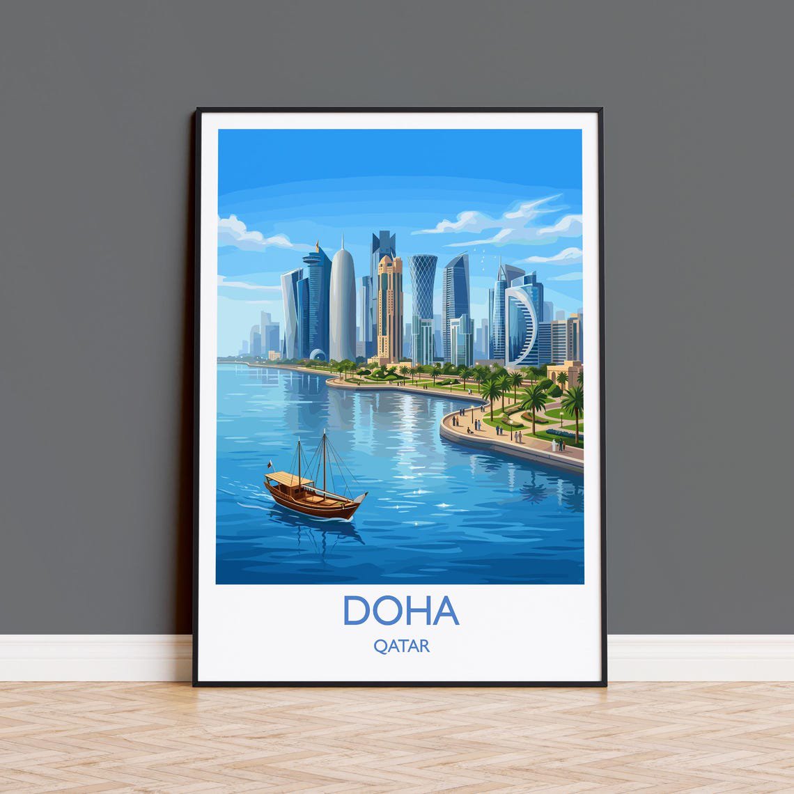 Doha Qatar Travel Poster Doha Skyline Wall Art Modern Cityscape Print Arabian Gulf Illustration Vintage Style Middle East Decor