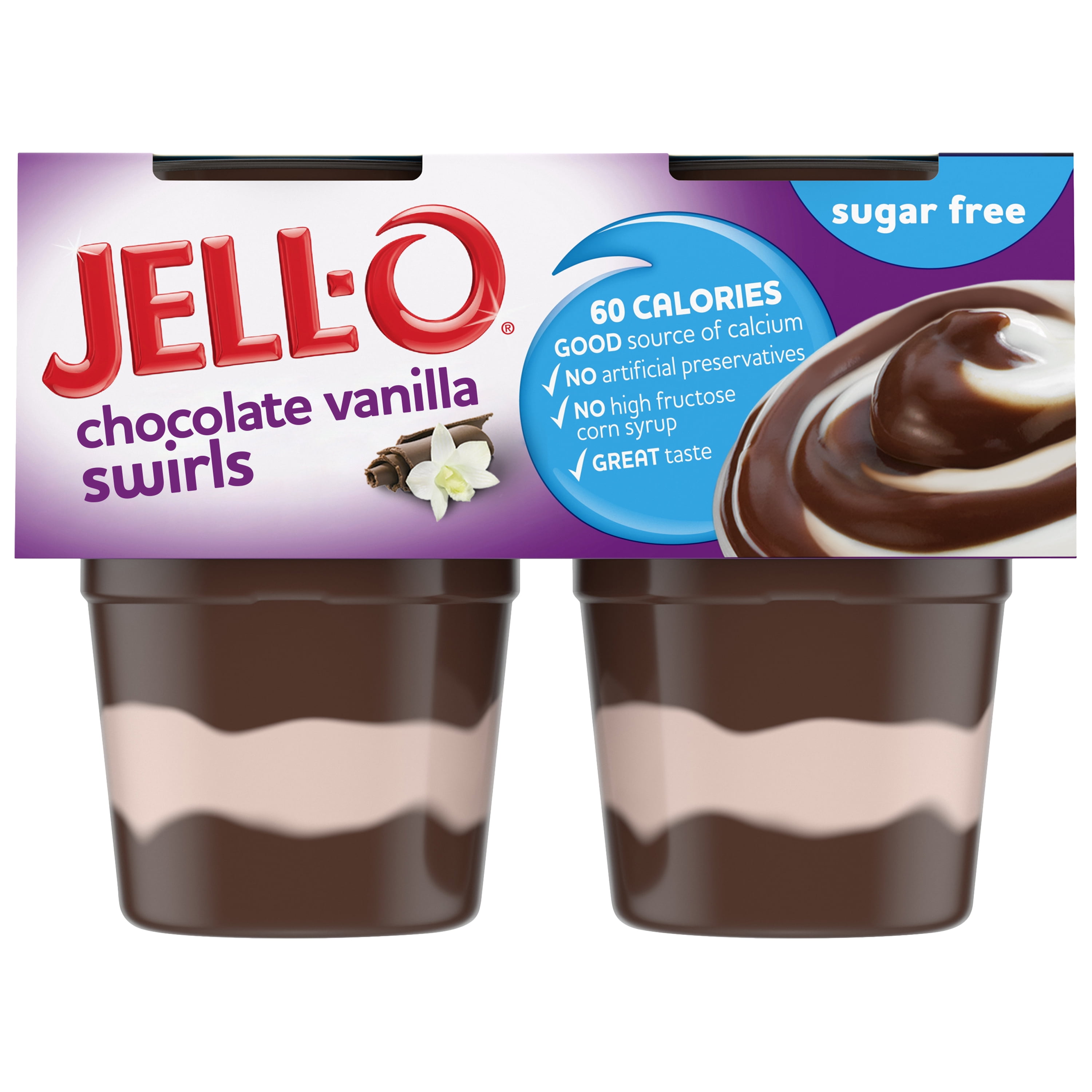 Jell-O Sugar Free Ready to Eat Chocolate Vanilla Swirl Pudding Cups, 4