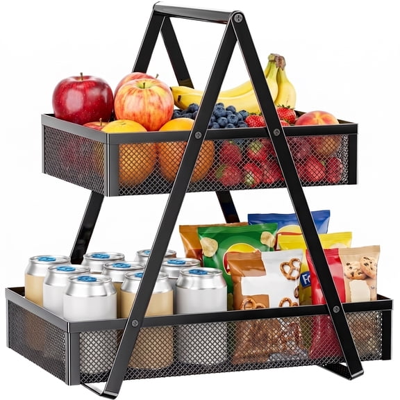 2 Tier Fruit Basket Kitchen Organizer Black Metal Handle for Fruits Vegetables Countertop Pantry Dining & Picnic