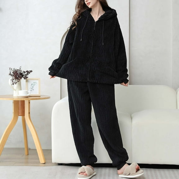 Aueoeo Women Pajamas Set Fleece Pullover&Pants Soft Comfy Loose Sleepwear Fuzzy Loungeswear for Winter Black L