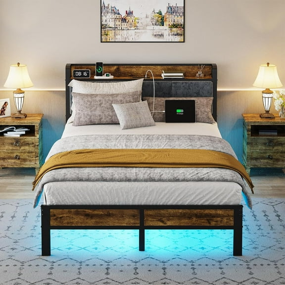 Queen Bed Frame with Headboard, Metal Platform Bed with Smart LED Lights and USB Charging Station, Easy Assembly, No Box Spring Needed