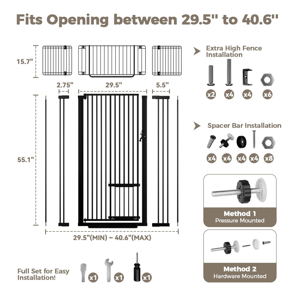 Pet Gate with Cat Door,Domipet 71 inch Extra Tall Dog Gate,29.5''-40.6''Wide Gate Pressure Mounted Full Door Pet Gate for Doorway Stairs,Black