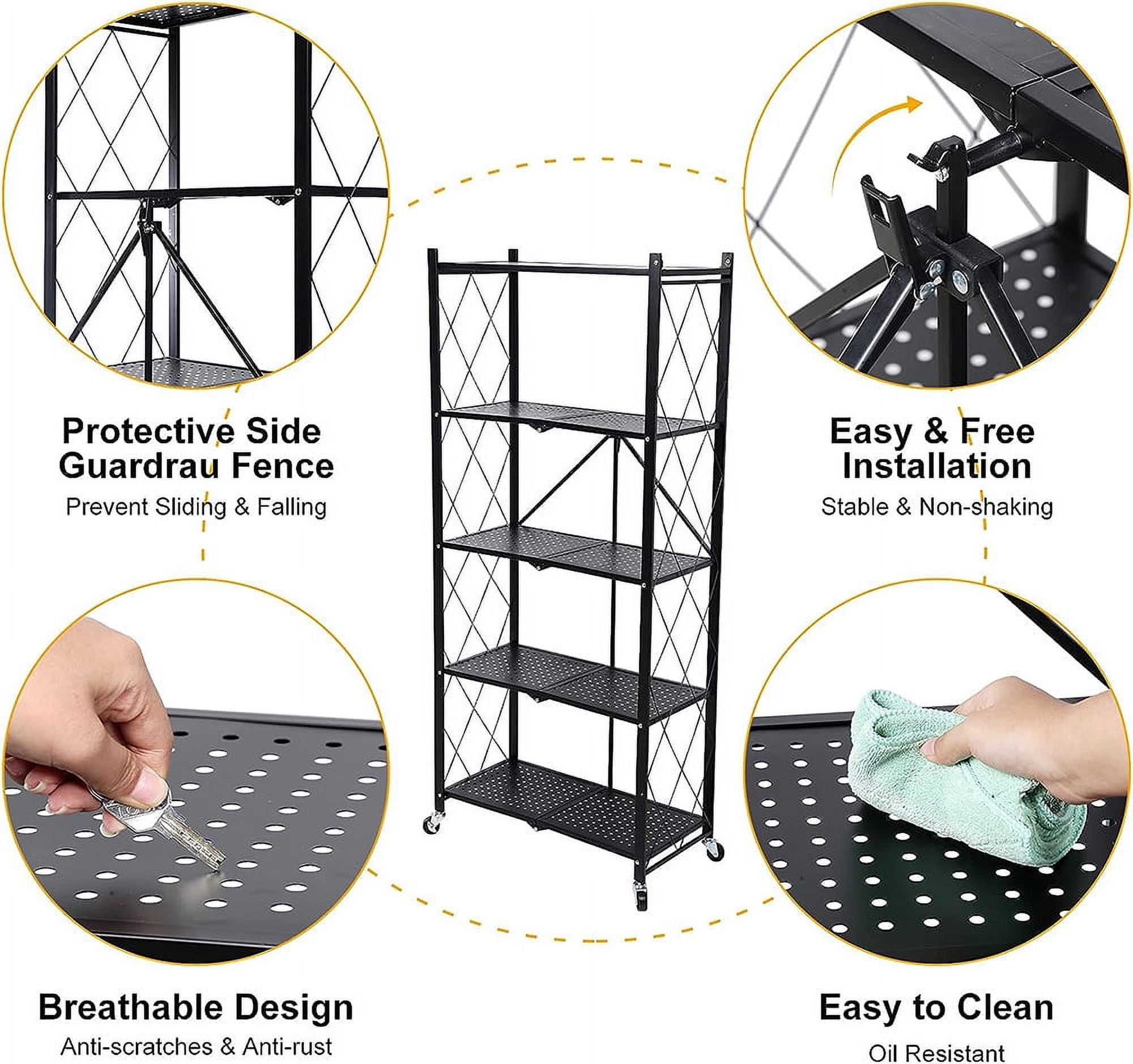 5-Tier Metal Storage Shelves with Wheels, Heavy Duty Foldable Garage Shelving Unit for Easy Organization, Ideal for Kitchen, Garage, and Basement, Black