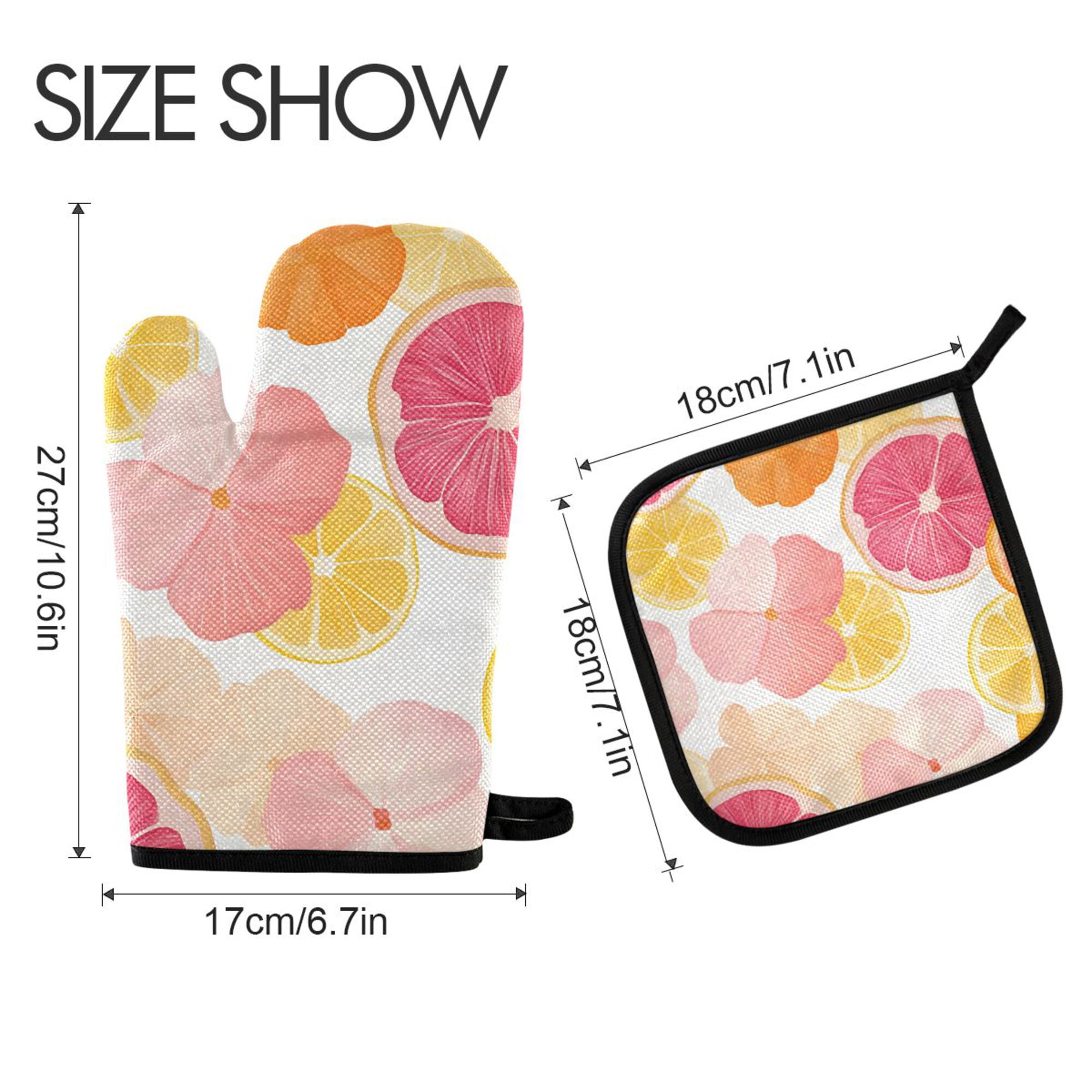 Yayeee Oven Mitts and Pot Holder Set of 2 Heat Resistant Kitchen Gloves Baking Hot Pad, Pink Floral Orange