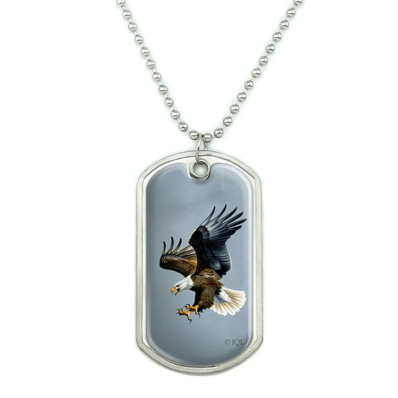 Screaming Bald Eagle Diving Catching Prey Military Dog Tag Pendant Necklace with Chain
