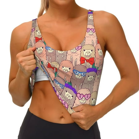 Qokaie Cute Lamas Pattern Womens Scoop Neck Sports Bra Breathable Workout Vest Padded U Back Medium Impact Fitness Gym Yoga Bra Workout Crop Top