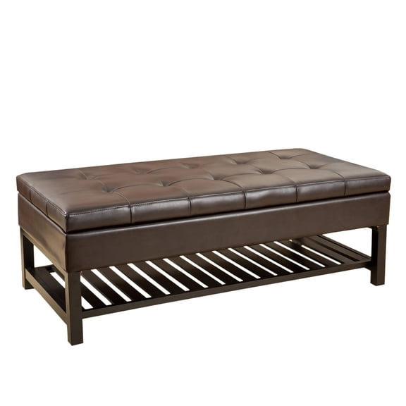 GDF Studio Kilbourne Contemporary Bonded Leather Tufted Storage Ottoman Bench with Rack, Brown and Dark Brown