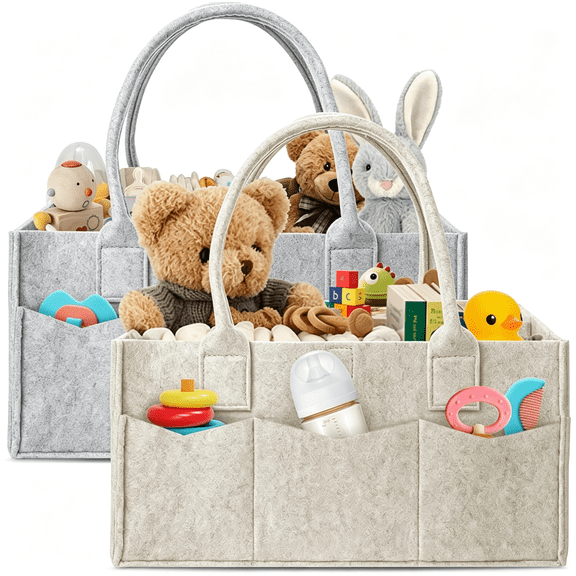 AOMRCOL 2-Pack Diaper Caddy Organizer-Newborn Essentials Baby Registry Must Haves-Sturdy Nursery Storage Bin&Portable Car Caddy for Diapers&Wipes-Grey/Oatmeal Gift Set