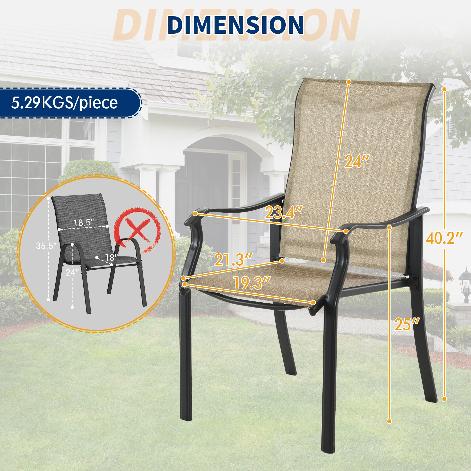 Techmilly Patio Chairs Set of 2, Outdoor Dining Chairs High Back with All Weather Breathable Textilene, Metal Frame for Lawn Garden Backyard Deck, Brown