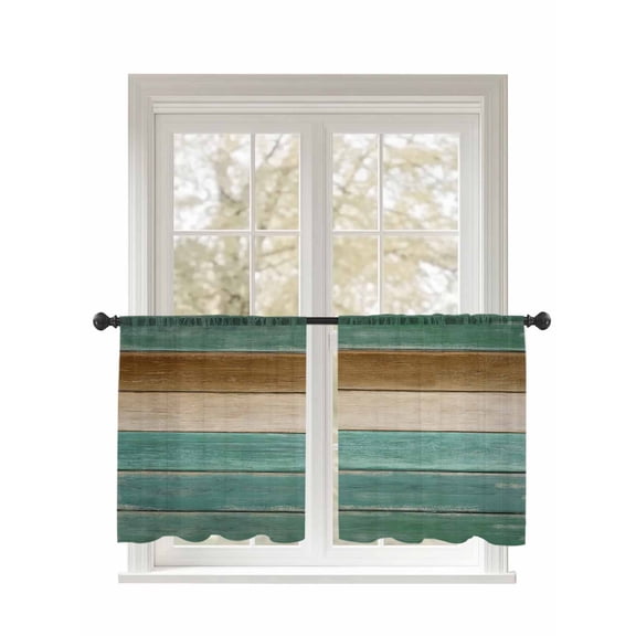 Green Brown Sheer Curtains 54 Inch Long 2 Panels, Vintage Wood Grain Gradient Farmhouse Light Filtering Rod Pocket Semi Sheer Curtains, Sheer Voile Drapes for Living Room Bedroom, 52"x54"