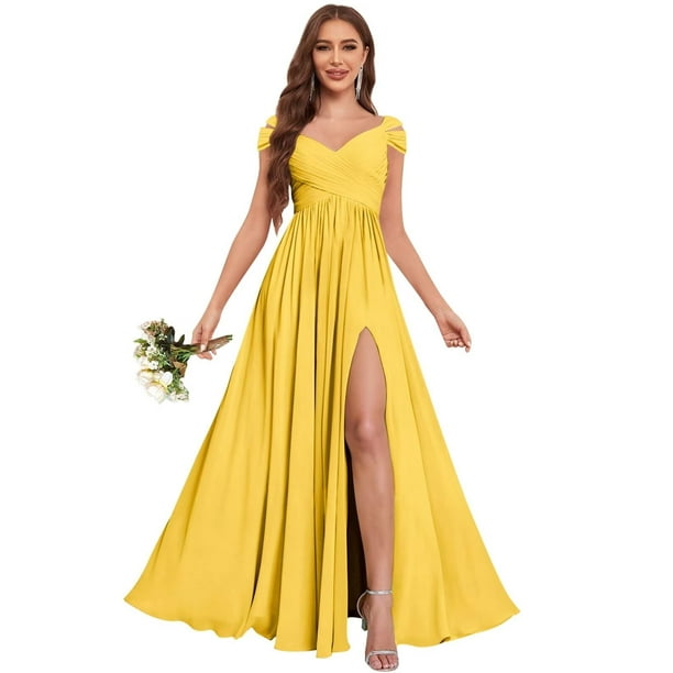 Vestido de dama de honor JKMMYO de chifón amarillo mostaza largo