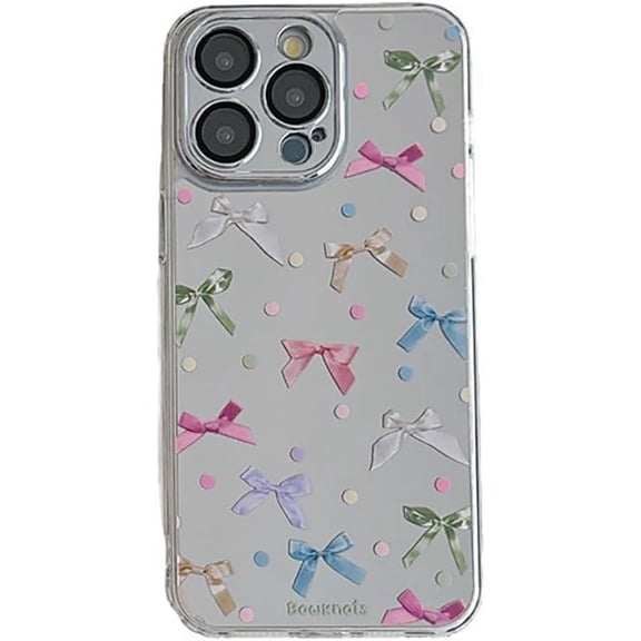 Colored Bowknots and Dots Plating Mirror Soft for iPhone Case (Silver,iPhone 14)