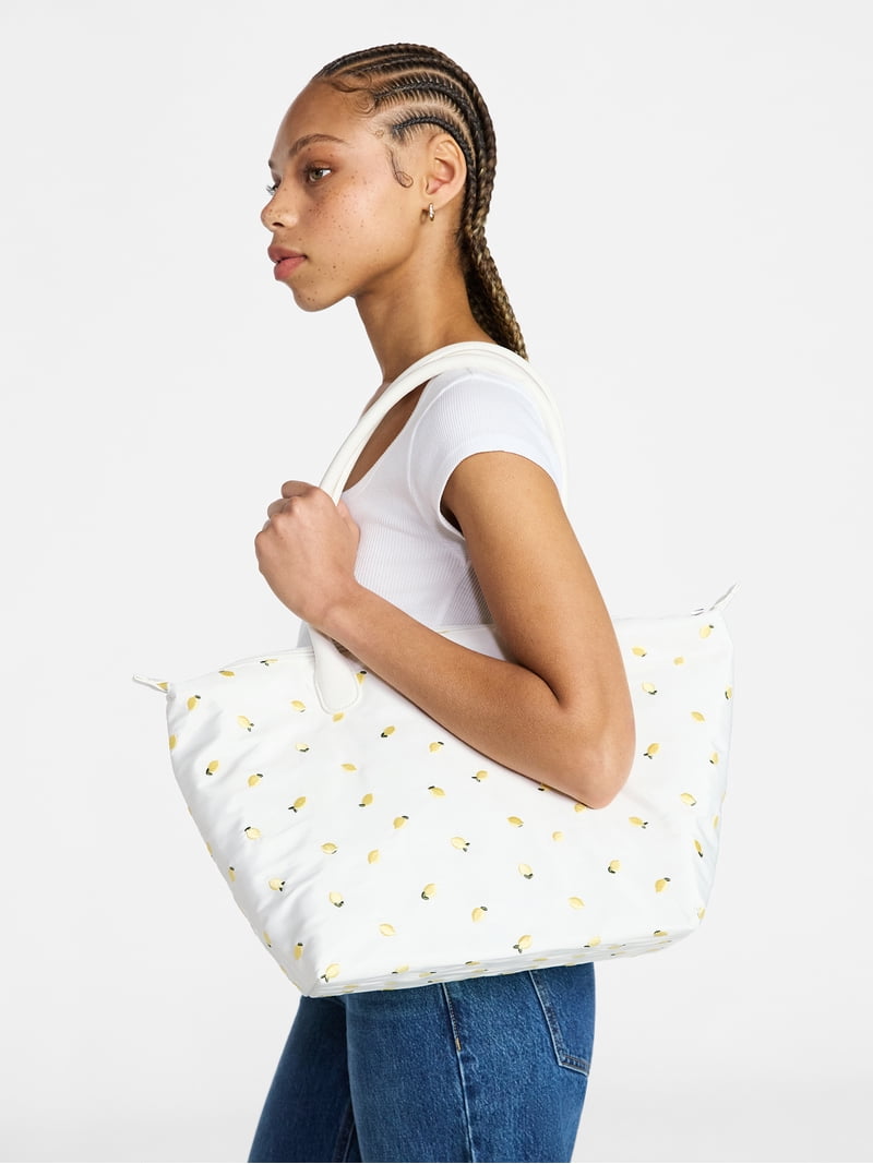 No Boundaries Women's Tote Bag, White with Lemon Embroidery