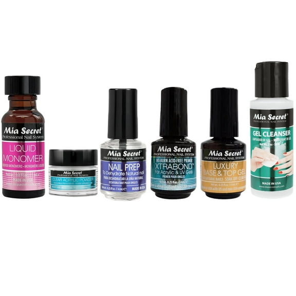 Mia Secret - Liquid Monomer, Clear Acrylic Powder, Nail Prep, Xtrabond, Luxury Base & Top Gel, Gel Cleanser - Combo