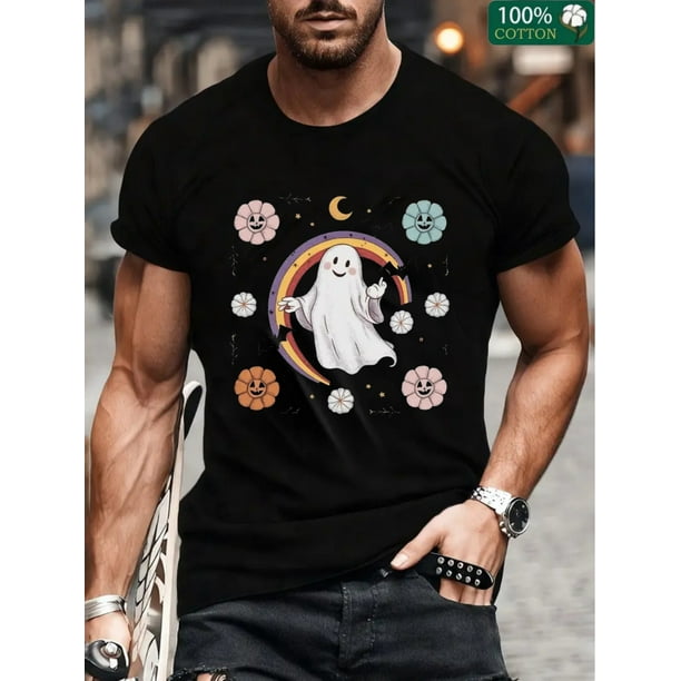 Men's 100% Cotton 220g T-Shirt, Cute Ghost Funny Halloween 2022 Naps Tee men Crewneck T-Shirt, Men's Halloween Ghost Pumpkin T-Shirt, 1 PC