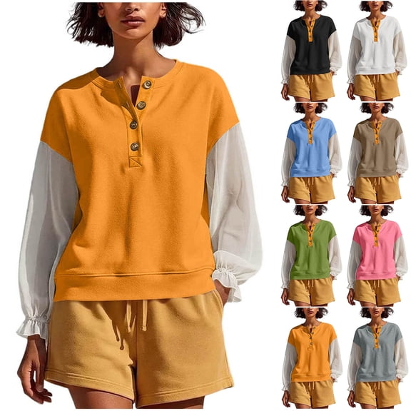 Hxshgdsn Womens Henley Sweatshirt with Sheer Patchwork Puff Sleeves Casual Pullover Top Summer Daily Wear(Orange/L)
