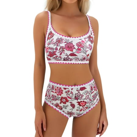Two Piece Swimsuit for Women Backless Trendy Floral Print Whip High Waisted Bikini Sets Red Womens Bathing Suits M