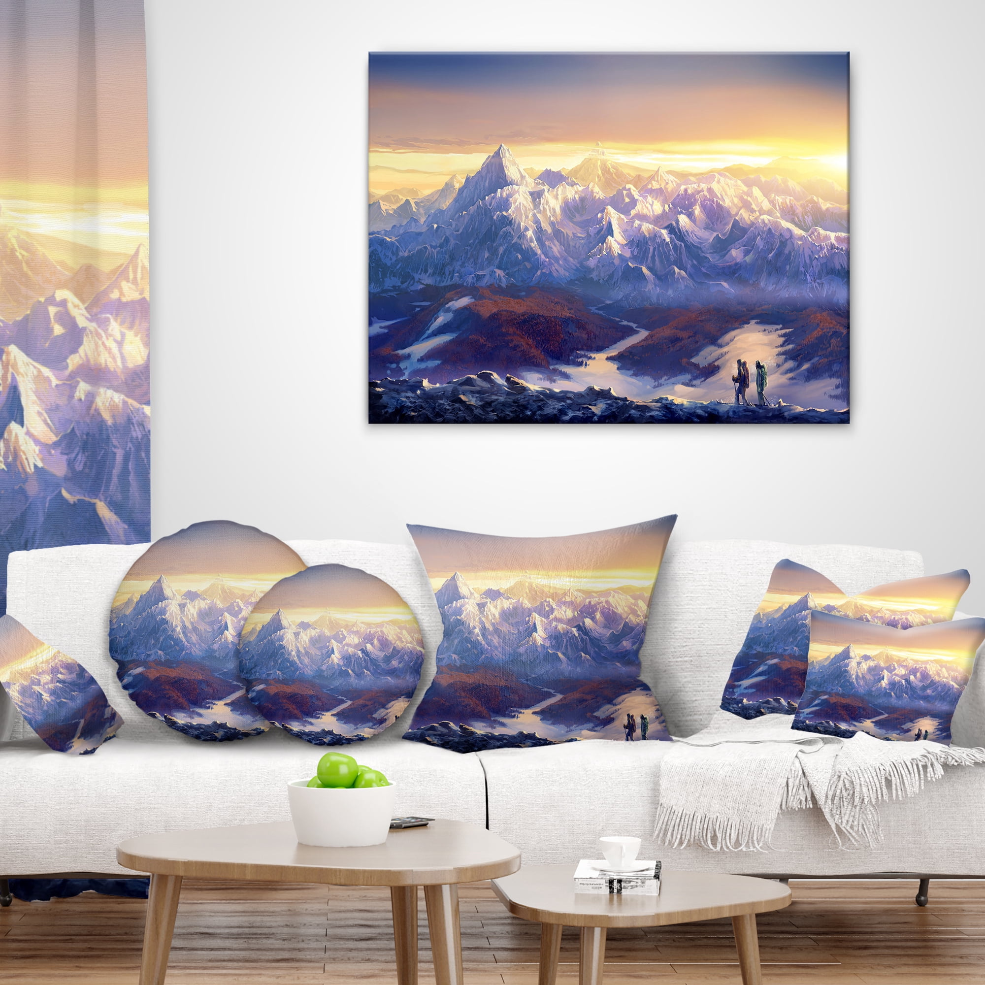 Designart Winter Mountains with Tourists - Landscape Printed Throw Pillow - 16x16