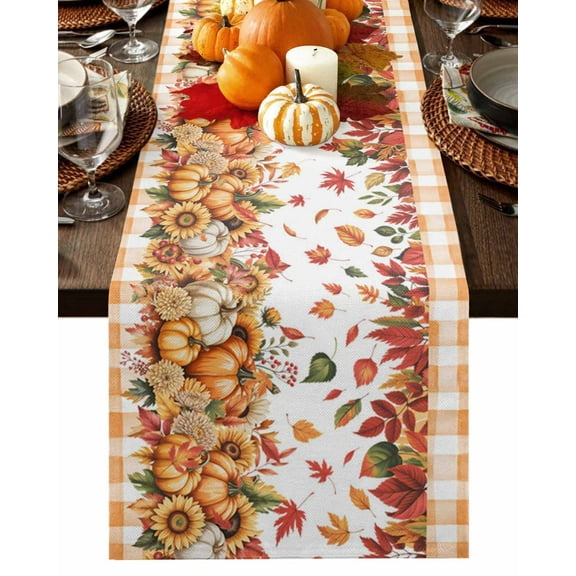 Fall Table Runner Thanksgiving Sunflower Pumpkin Table Runners Orange Plaid Autumn Maple Leaves Cotton Linen Dresser Scarf Kitchen Dining Table Decor for Fall Holiday Party Decor 13x36 Inch