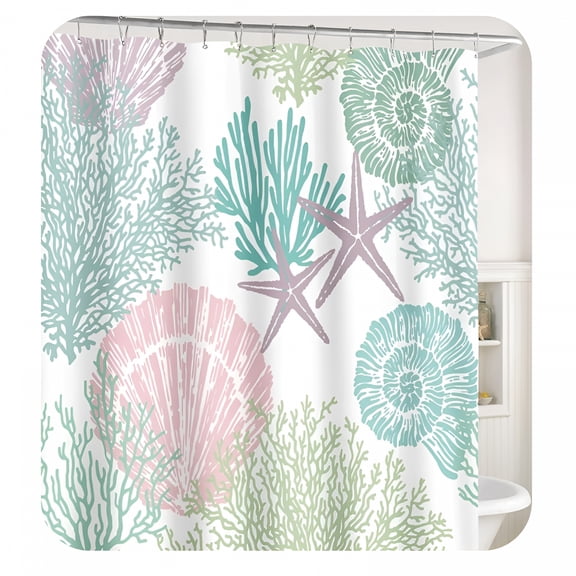 AUQ Nautical Coastal Shower Curtain,Pink Green Beach Ocean Theme Shower Curtain for Bathroom Decor,Summer Tropical Seashell Starfish Coral Fabric Shower Curtain Set with Hooks,72X72"