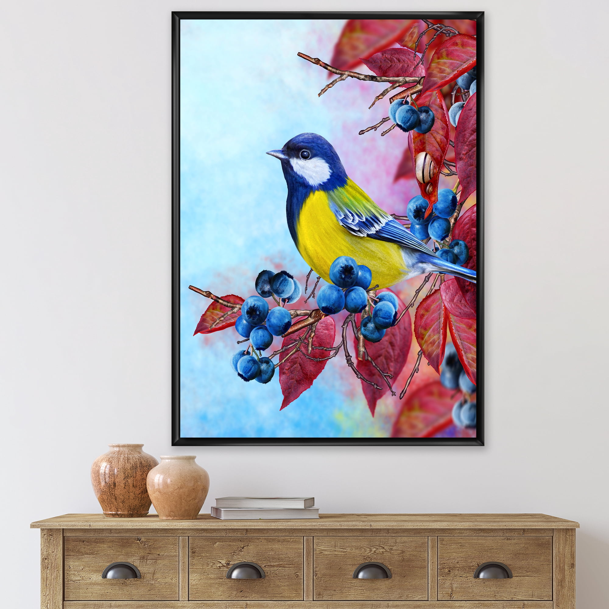 Designart 'Bright Bird Bullfinch Sitting On A Branch of Berries II' Traditional Framed Canvas Wall Art Print