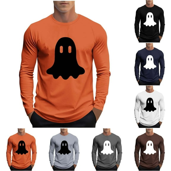 UVEASISHA Mens Long Sleeve Halloween Shirt Big and Tall Casual Ghost Print Graphic Tees Slim Fit Stretch Workout Shirts Holiday Funny Gifts Gray 4XL