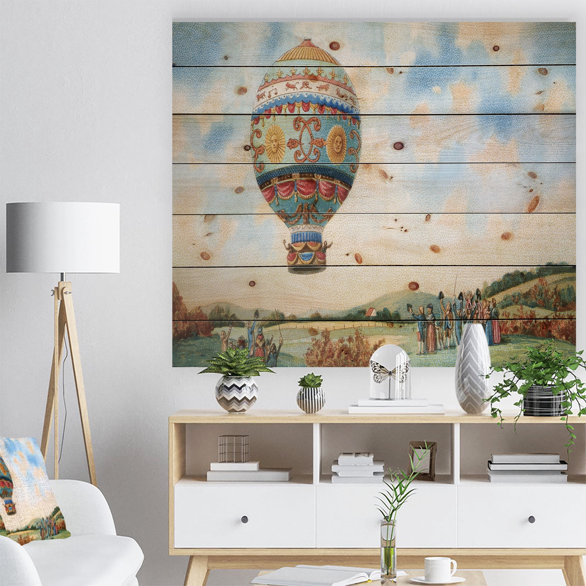 Designart 'Hot Air Balloon Illustration' Abstract Print on Natural Pine Wood