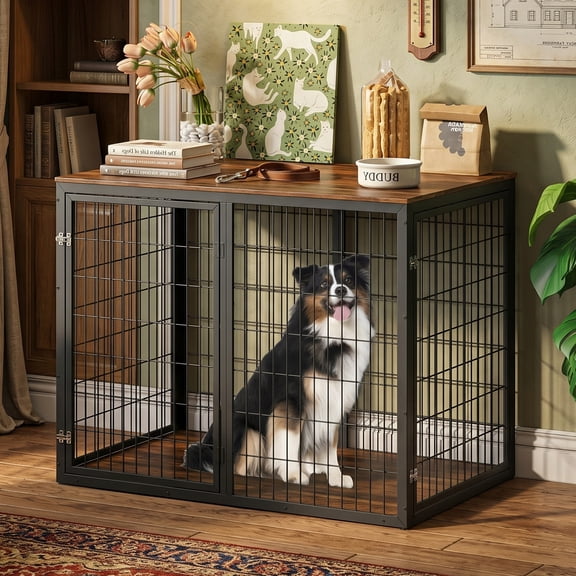 Eyisean 47" Multi-Function Large Dog Crate Furniture, Modern Wooden Metal Dog Kennel with 3 Doors, Heavy Duty Indoor Pet Cage House Side Table with Adjustable Feet for Large & Medium Dogs