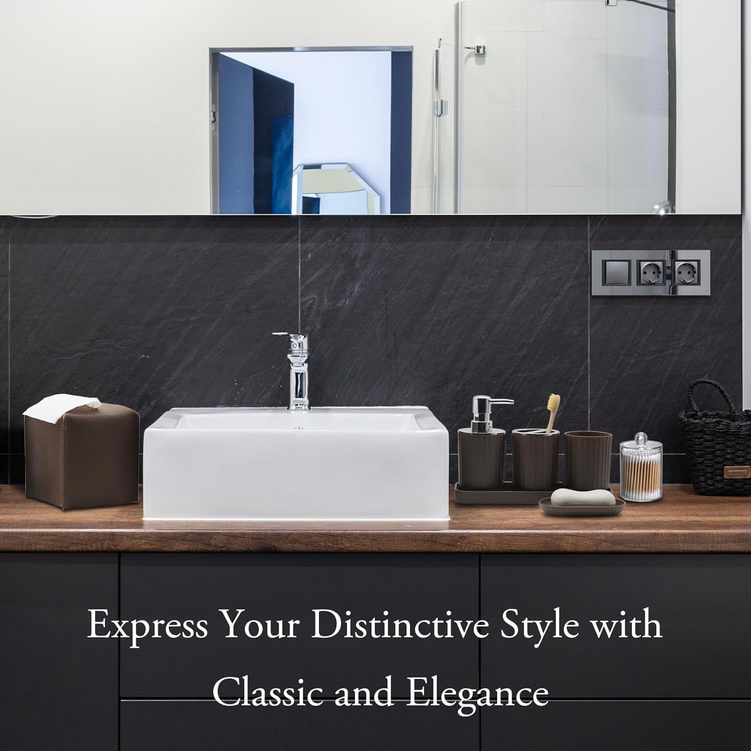 Bathroom Accessory Set - 10 Piece Brown Bathroom Accessories Set with Trash Can, Toothbrush Holder and Cup, Soap Dispenser, Soap Dish, Toilet Brush Holder, Vanity Tray, Qtip Holder, Tissue Box Cover
