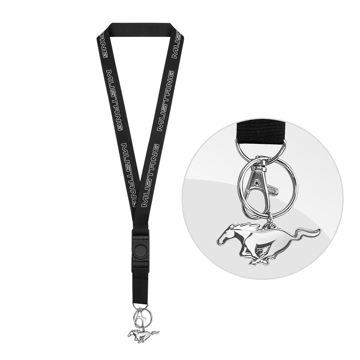 Ford Mustang Black Strap ID Holder Lanyard with 3D Mustang Metal Key Chain Charm