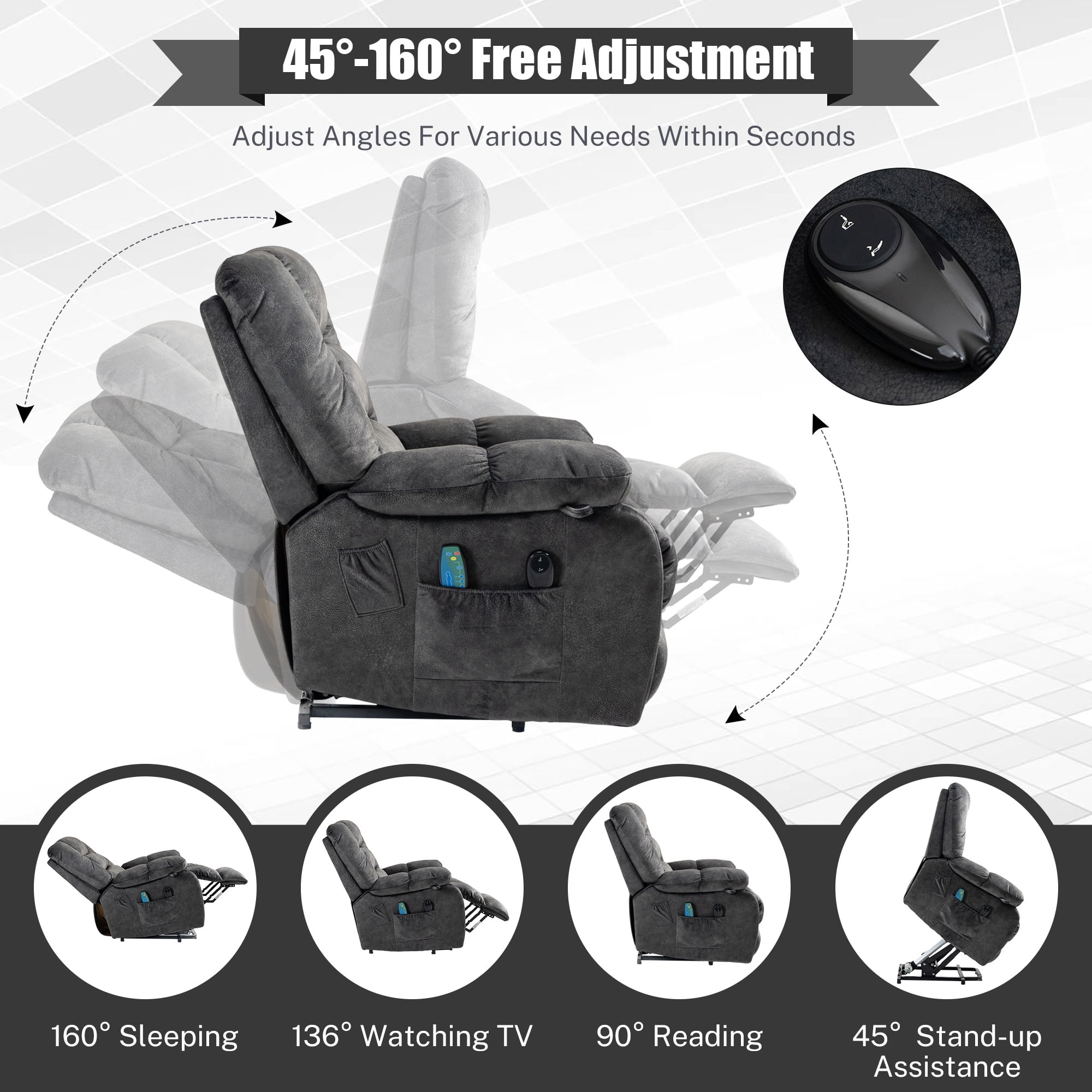 Power Lift Recliner Chair with Heat and Vibration Massage, UHOMEPRO Modern Fabric Elderly Electric Reclining Sofa with Remote Control and Side Pockets for Living Room Home Theater, Gray