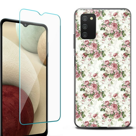 Slim-Fit Protective Fashion Phone Case (Black) for Samsung Galaxy A03s, with Tempered Glass Screen Protector, by OneToughShield ® - Floral/Rose