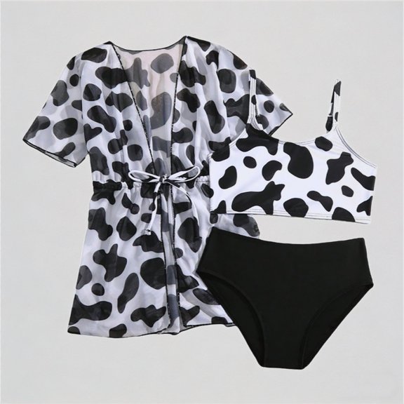 REDARER Girls 3-Piece Swimsuit Set: Cow Print Design, Tie-Waist Cover Up, Bikini Top Bottom – Summer Fashion Beach Bathing Swimwear,8-9 Years