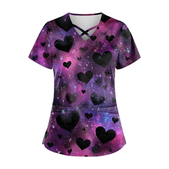 Valentine Scrub Top for Women Hoilday Criss Cross V Neck Cute Love Heart Printed Scrubs Casual Short Sleeve Scrub Shirts Nursing Workwear Medical Nurse Uniform with Pockets Dark Purple XL