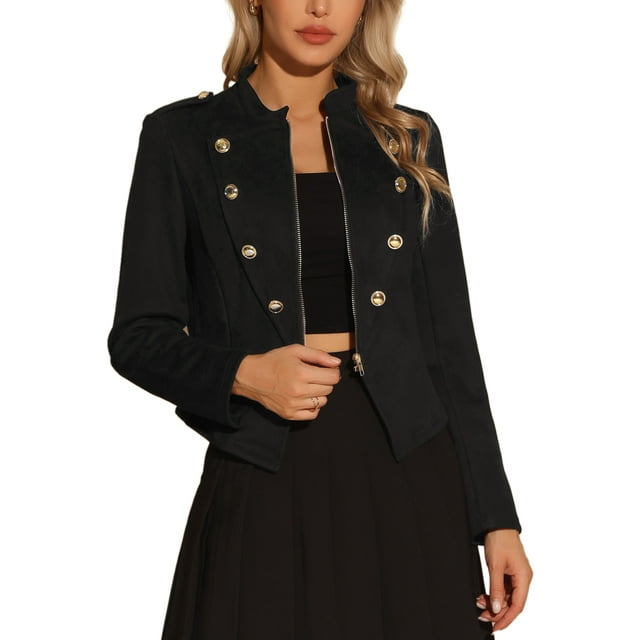 Unique Bargains Veste Décontractée pour Femmes Vintage Bouton Décor Crop Steampunk Veste Noire L