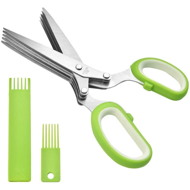 Herb Scissors - 5 Sharp Blades - Package - Cuts, Slices and Chops Herbs 5x Faster - Ideal Time-Saving Kitchen Essential - Cleaning Rake Included - Stainless Steel - Dishwasher Safe