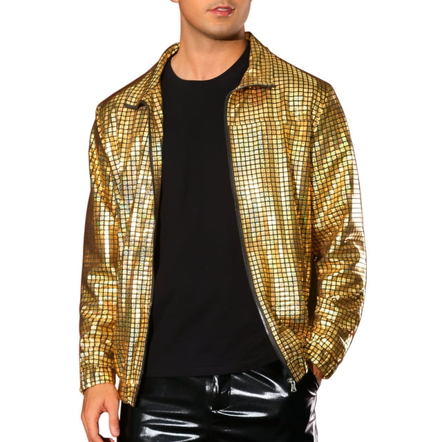 Chaqueta Holográfica Inspire Chic para Hombre, Chaquetas Metálicas de Manga Larga con Cuello Alto para Fiesta Disco Brillantes 2XL Dorada