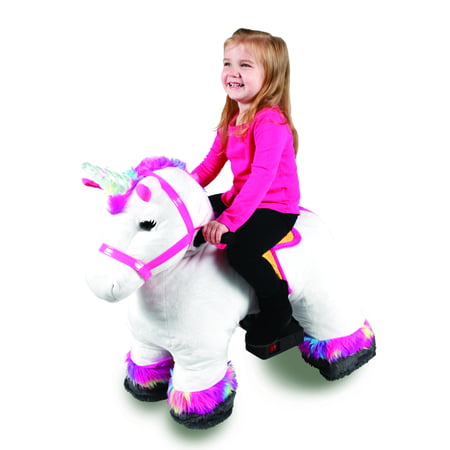6 Volt Stable Buddies Willow Unicorn Plush Ride-On by Dynacraft with Light Up Horn and Play Stable Included!