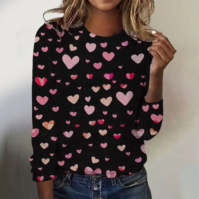 T-shirts de Saint-Valentin pour Femmes, Chandail en Molleton à Col Rond avec Cœur d'Amour, Chandail Mignon Gnome, Hauts, Tenues, Vêtements, Mode pour Dames, Col Rond, Manches Longues, T-Shirt Imprimé Saint-Valentin