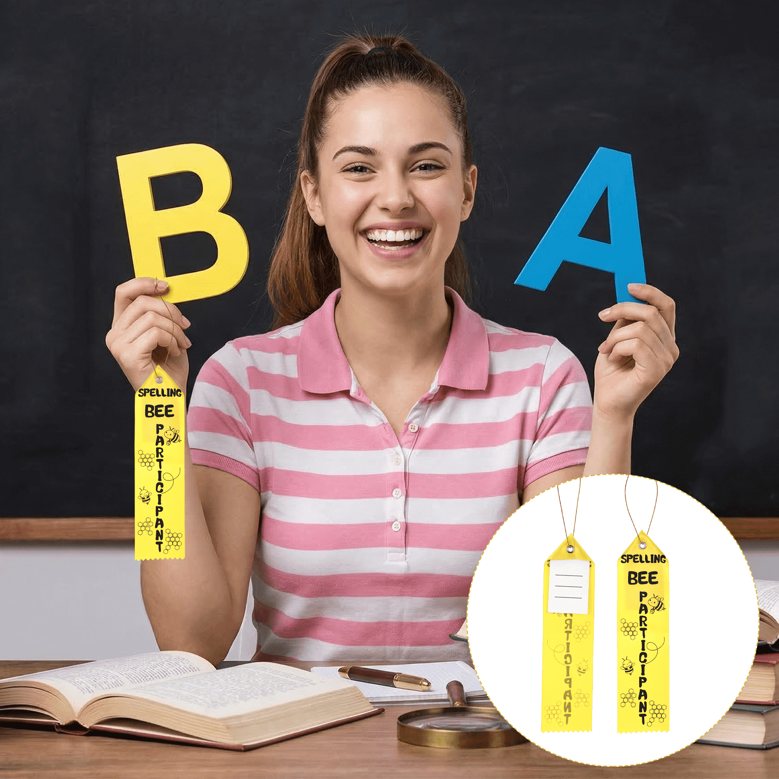 100Pcs Spelling Contest Reward Ribbons, Yellow Bee Theme with Matching Cards and Lanyards, Cute Eye-Catching Participant Ribbons for Contest Rewards Display and Gifting