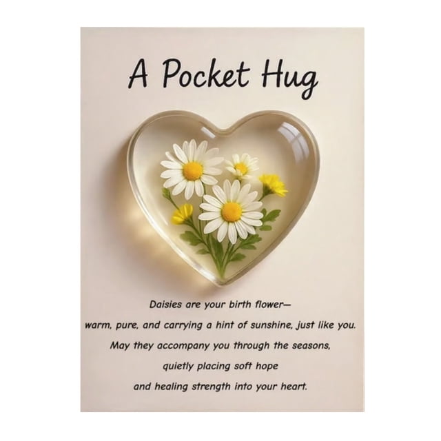 Abrazo de bolsillo con flor de nacimiento y poemas de aliento curativo. Recuerdo de corazón transparente con flor de nacimiento, regalo sentimental portátil.