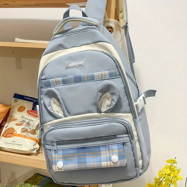 Kawaii Plaid Bunny Ears Backpack, Cute Preppy Style Laptop Schoolbag, Large Capacity Travel Rucksack With Pendant & Badge