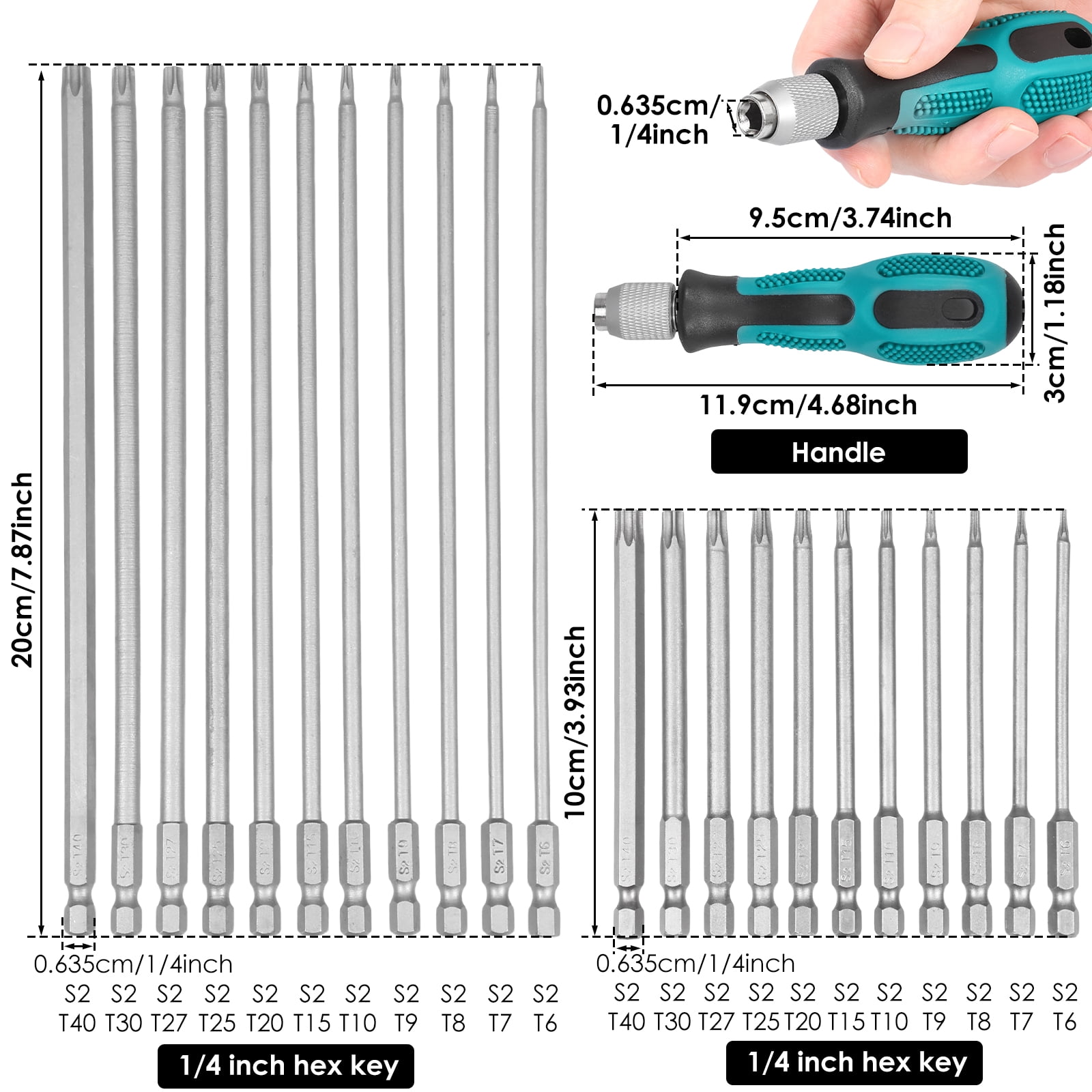 TMWEFUSC 23Pcs Security Torx Screwdriver Bit Set Magnetic Star Screwdriver Drill Bit S2 Steel 1/4 Hex Shank Torque Tamper Proof Screwdriver With Handle T6-T40, 4 Inch 7.9 Inch Length